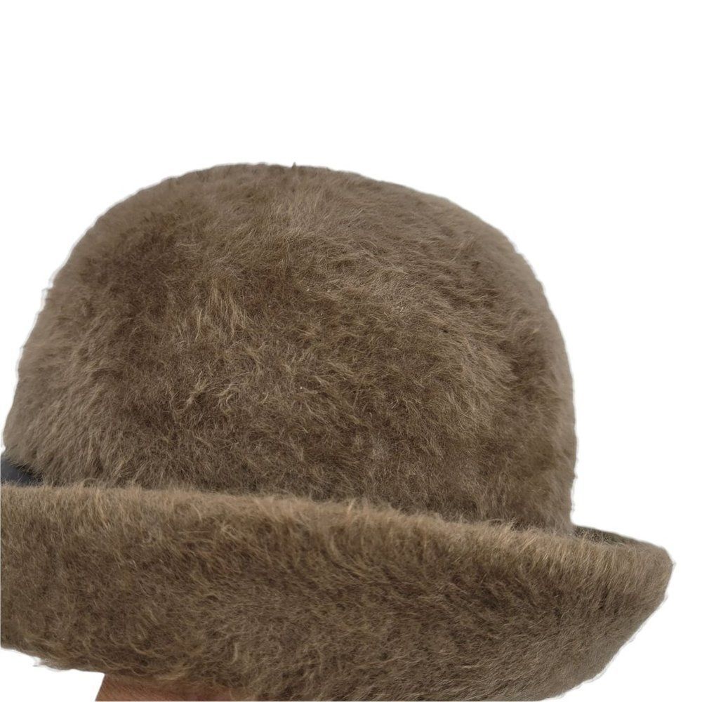 60's Mr. John Sophisticate Mystere Brown‎ Fuzzy Cloche Hat Faux Leather Bow